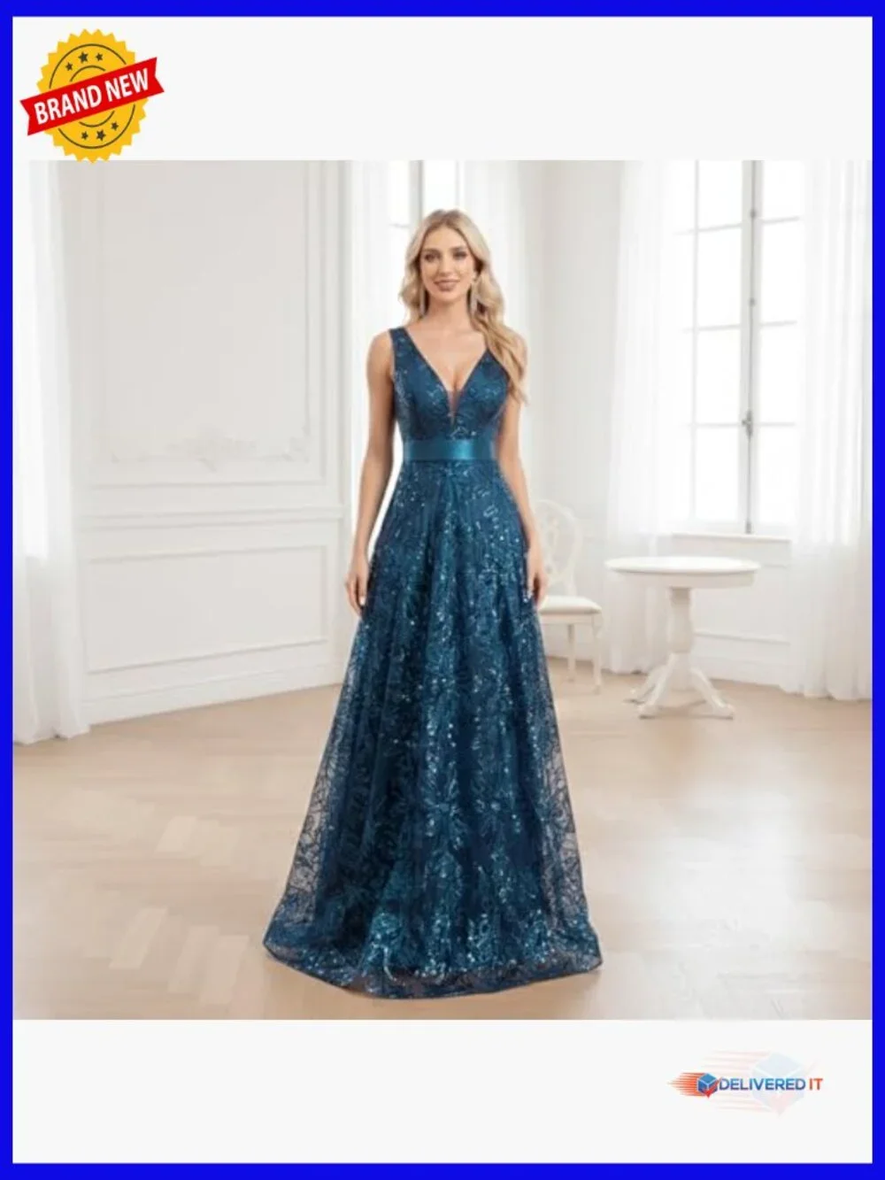 Sequin Embroidered V-Neck Maxi Formal Dress with Backless A-Line Silhouette - Picture 2 of 7